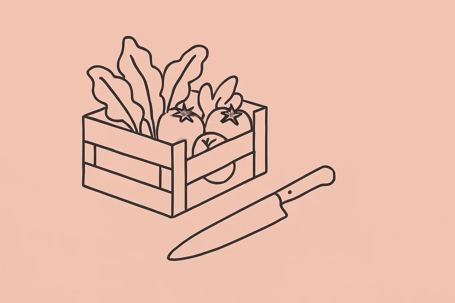 Fresh local produce in a wooden crate on a restaurant kitchen counter